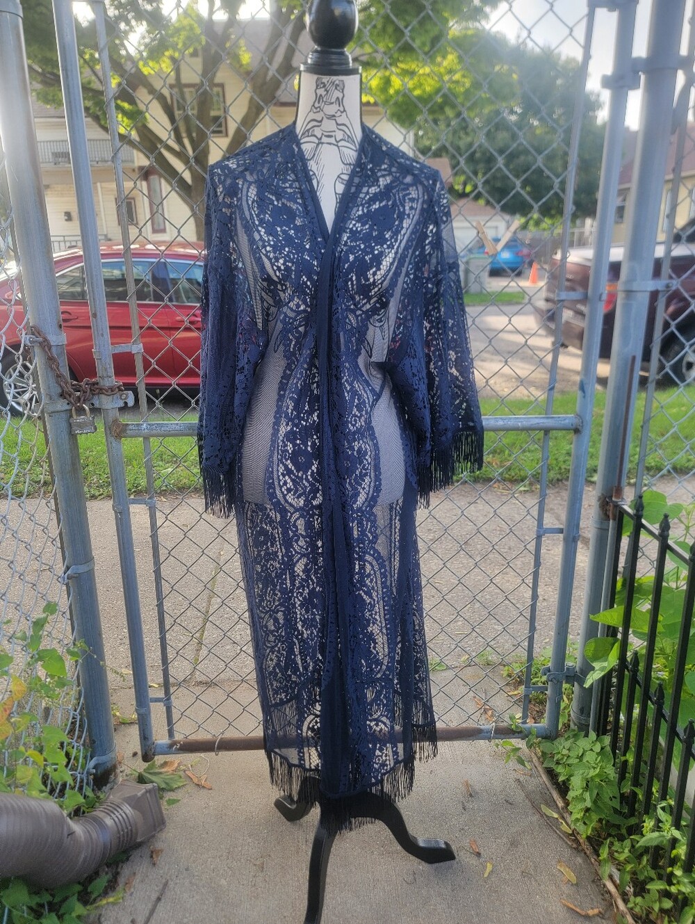 G.I.L.I. Dark Navy Lace Fringe Maxi Duster Kimono Cardigan Medium Whimsigoth
